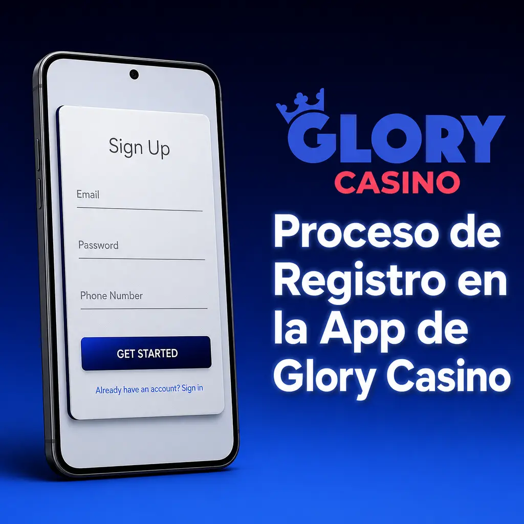 Pasos para registrarse en la app de Glory Casino: descargar, completar datos, elegir moneda y confirmar identidad.